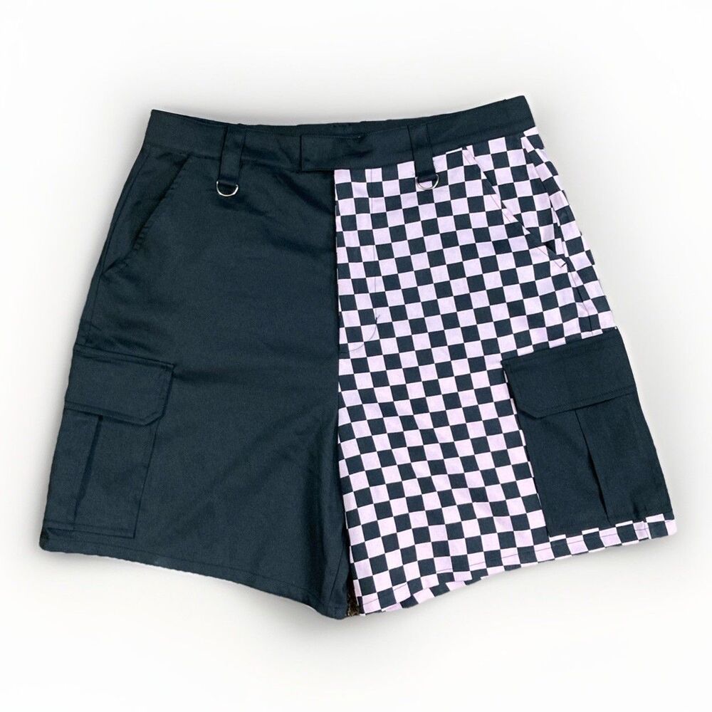 Hot Topic Black and Light Pink Checkerboard Cargo Jean Shorts
